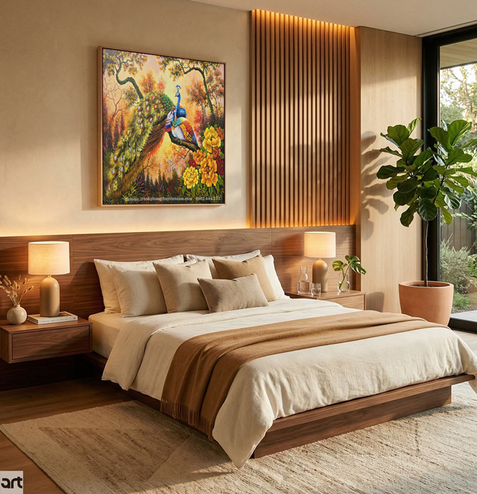 Tranh đôi chim công treo phòng ngủ vợ chồng Tranh đôi chim công treo phòng ngủ vợ chồng