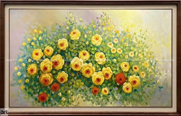 Tranh sơn dầu hoa hồng vàng nở rộ nghệ thuật