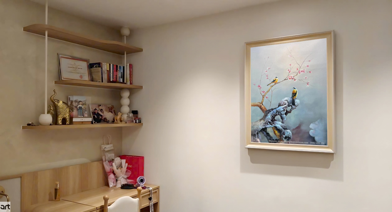 Tranh đôi chim bên cành hoa đào treo bên cạnh giường phòng ngủ Tranh đôi chim bên cành hoa đào treo bên cạnh giường phòng ngủ