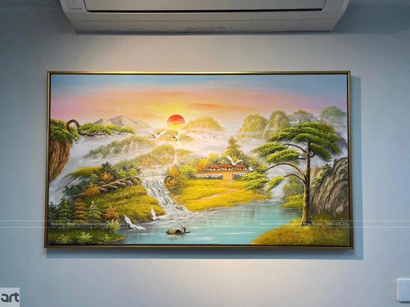 Tranh sơn thủy phong thủy treo phòng làm việc với núi non và thác nước
