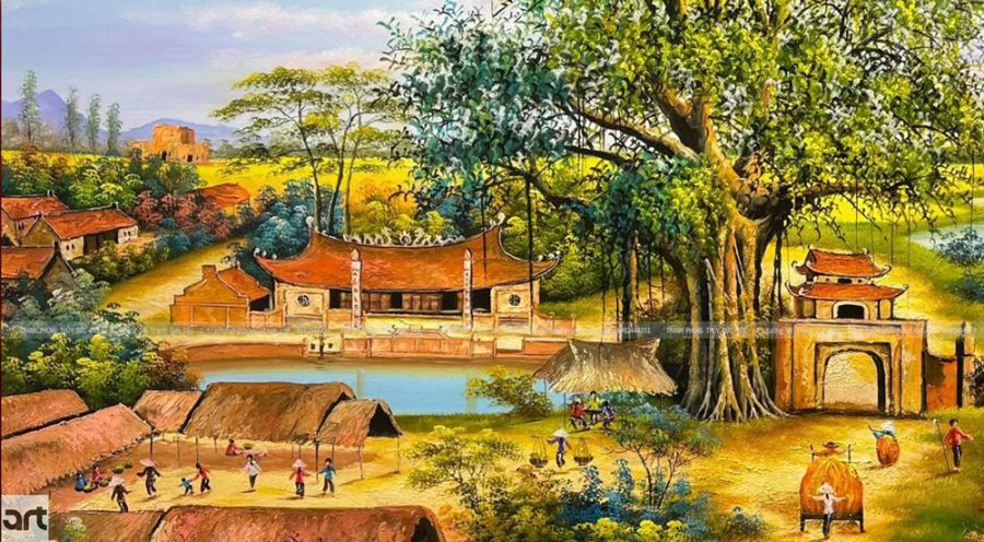 Chi tiết vẽ cây đa phiên chợ quê trong tranh