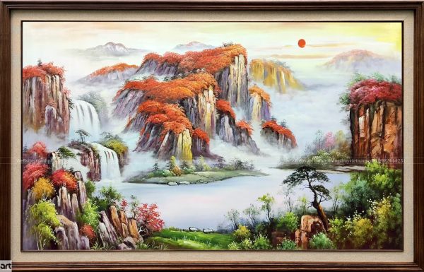 Tranh sơn dầu sơn thủy hữu tình khung gỗ tự nhiên