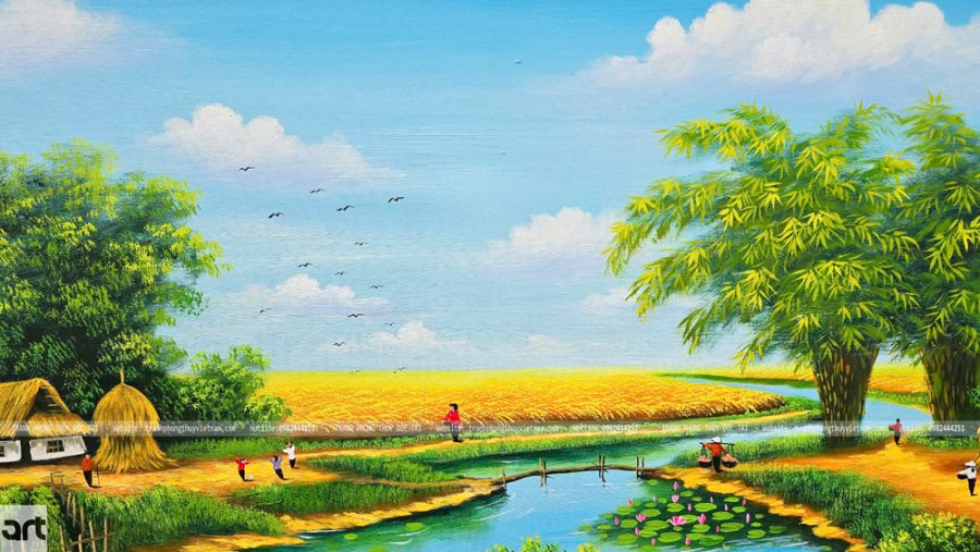 Cánh đồng lúa chín, lũy tre xanh, và dòng sông trong tranh làng quê