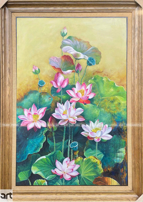 Tranh phong thủy hoa sen đẹp khung gỗ bản 10cm