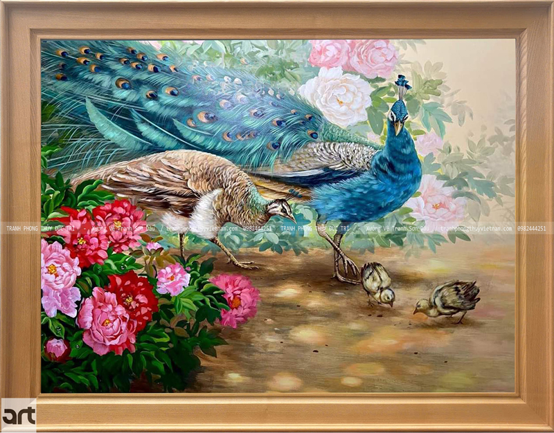 Hoa mẫu đơn chim công tranh phong thủy Hoa mẫu đơn chim công tranh phong thủy