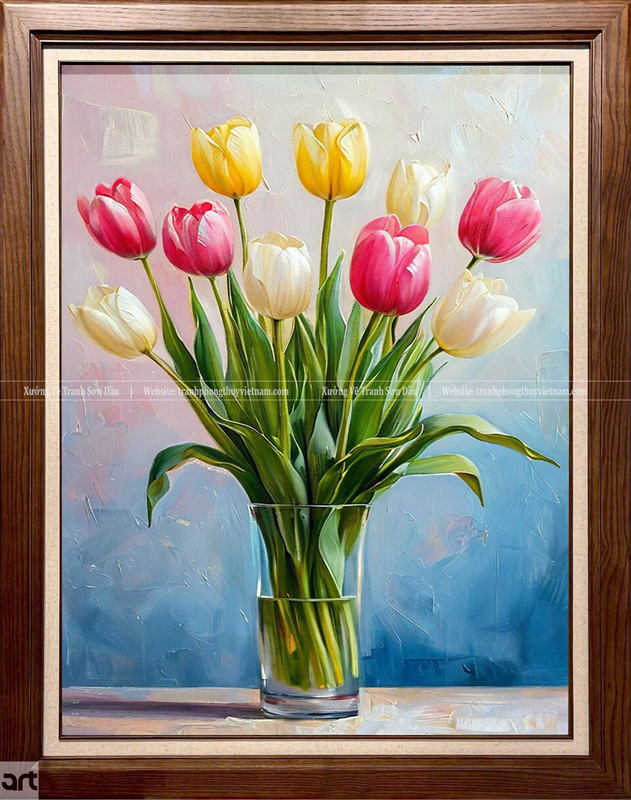 Tranh hoa tulip hồng vàng trắng nghệ thuật đẹp