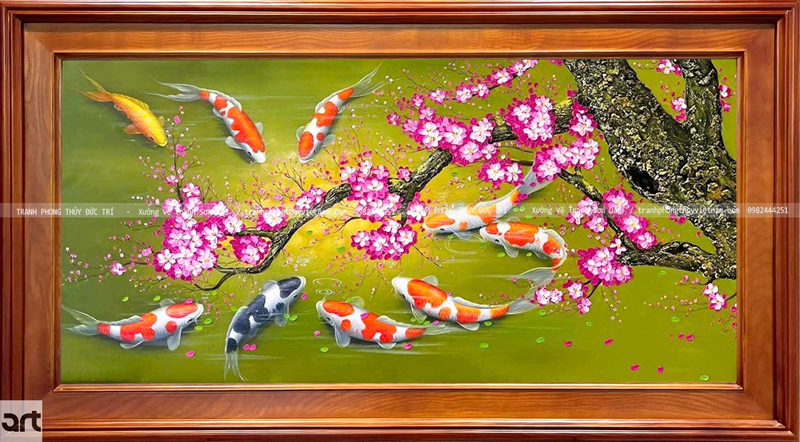 Cửu ngư quần hội hoa đào Cửu ngư quần hội tranh phong thủy đẹp ý nghĩa