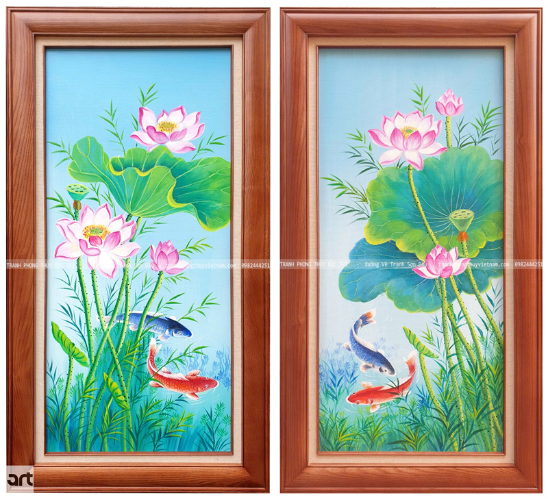 Tranh sơn dầu cá chép hoa sen Tranh sơn dầu cá chép hoa sen