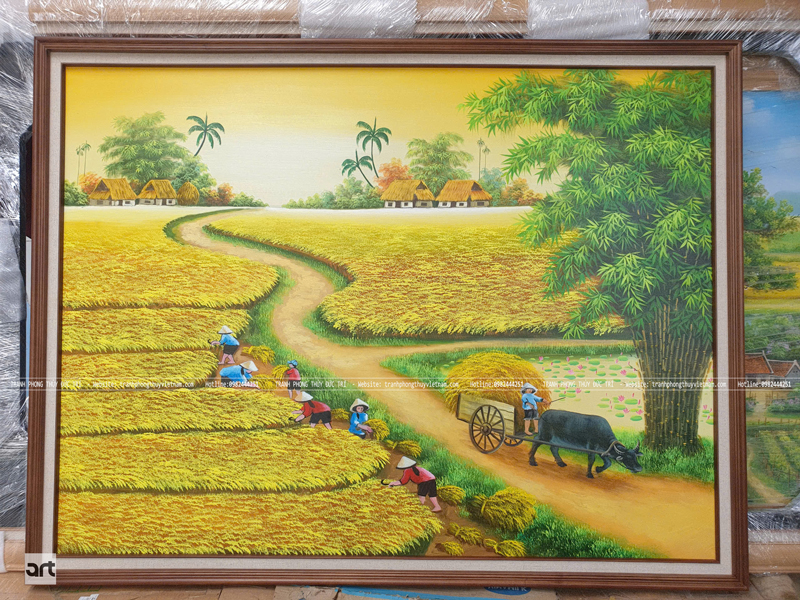 Tranh sơn dầu cảnh đồng quê mùa lúa chín Tranh sơn dầu cảnh đồng quê mùa lúa chín