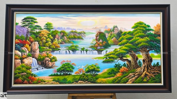 Tranh sơn thủy hữu tình 3D tuyệt đẹp núi non thác nước cây tùng