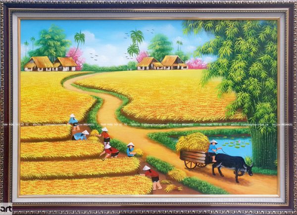 Tranh đồng quê cánh đồng mùa gặt