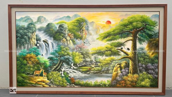 ranh sơn thủy hữu tình phong cảnh núi non, thác nước, hươu nai và tùng hạc