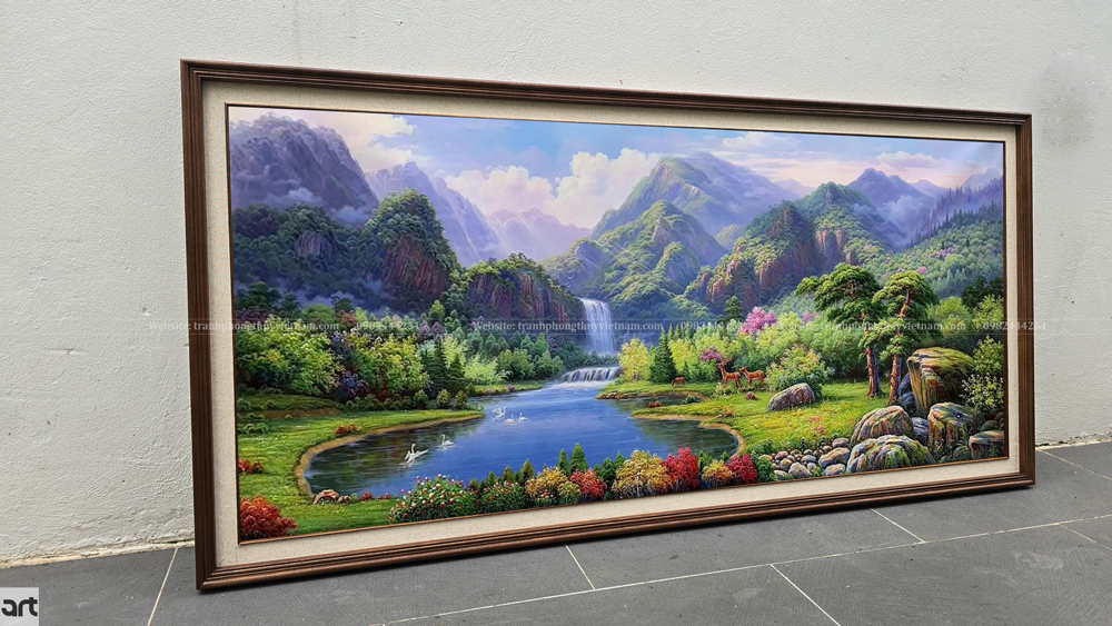 Tranh vẽ cảnh sơn thủy núi non thác nước hồ xanh đẹp Tranh vẽ cảnh sơn thủy núi non thác nước hồ xanh đẹp