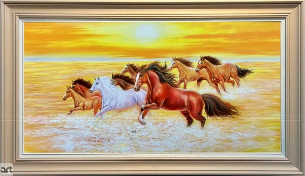 Tranh Mã Đáo Thành Công phong thủy sơn dầu vẽ tay với 8 chú ngựa phi trên mặt nước