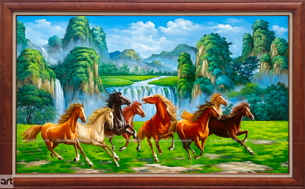 Tranh Mã Đáo Thành Công đẹp với tám chú ngựa phi giữa núi non, thác nước và đồng cỏ xanh Tranh Mã Đáo Thành Công đẹp với tám chú ngựa phi giữa núi non, thác nước và đồng cỏ xanh
