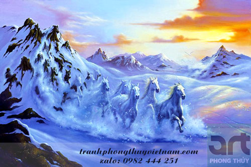 tranh ngựa chạy trên núi tuyết