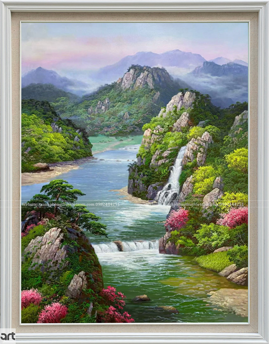 Tranh sơn thủy hùng vĩ núi non thác nước và dòng sông xanh