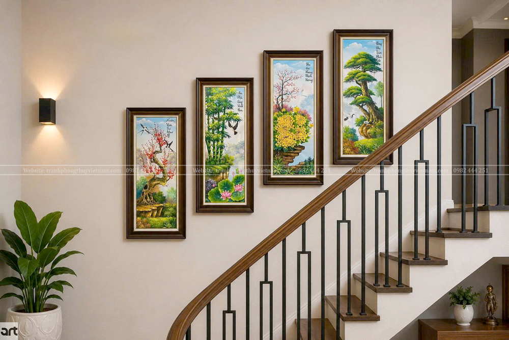 Treo tranh tứ quý Tùng Cúc Trúc Mai ở cầu thang Treo tranh tứ quý Tùng Cúc Trúc Mai ở cầu thang
