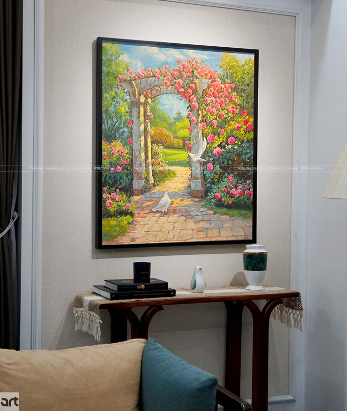 Tranh vườn hoa hồng treo phòng khách chung cư phù hợp người mệnh Mộc Tranh vườn hoa hồng treo phòng khách chung cư phù hợp người mệnh Mộc