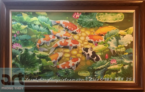 tranh vẽ 9 chú cá chép bơi lội trong đầm sen