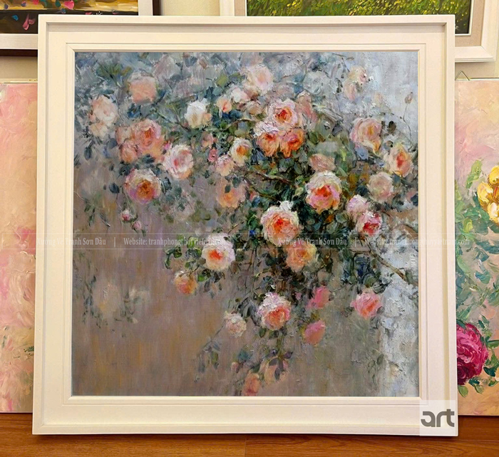 Tranh sơn dầu hoa hồng Moon nghệ thuật vẽ tay với những chùm hoa nở mềm mại, gam màu pastel sang trọng và tinh tế. Tranh sơn dầu hoa hồng Moon nghệ thuật vẽ tay với những chùm hoa nở mềm mại, gam màu pastel sang trọng và tinh tế.