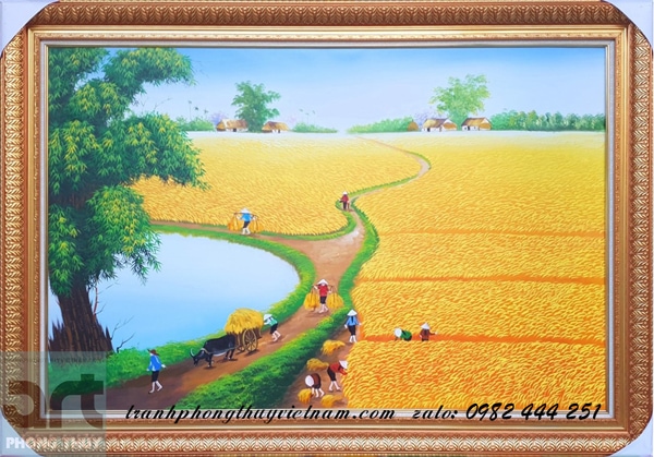 tranh sơn dầu đồng quê vẽ cánh đồng mùa lúa chín