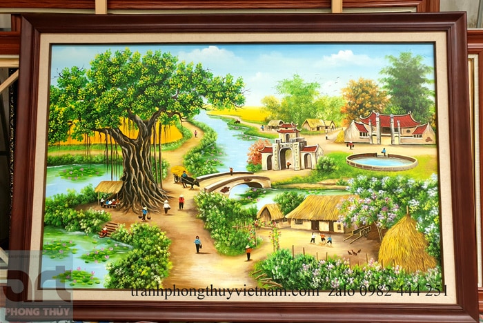 Tranh sơn dầu phong cảnh làng quê khung gỗ - tranh phong thủy