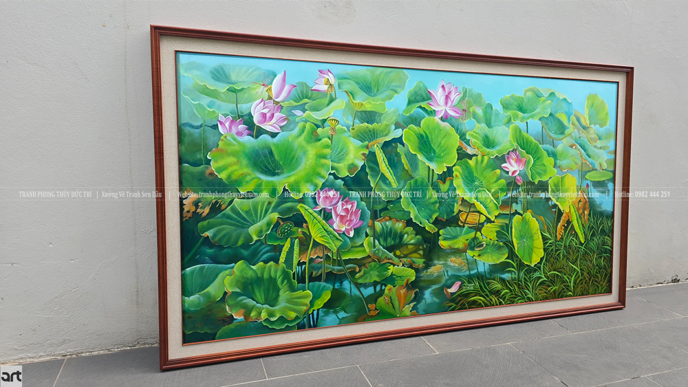 Tranh sơn dầu hoa sen 3D treo phòng khách Tranh sơn dầu hoa sen 3D treo phòng khách