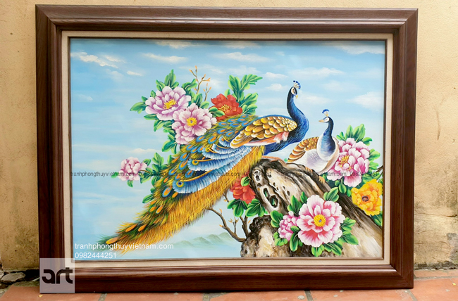 tranh phong thuỷ đôi chim công và 9 bông hoa mẫu đơn