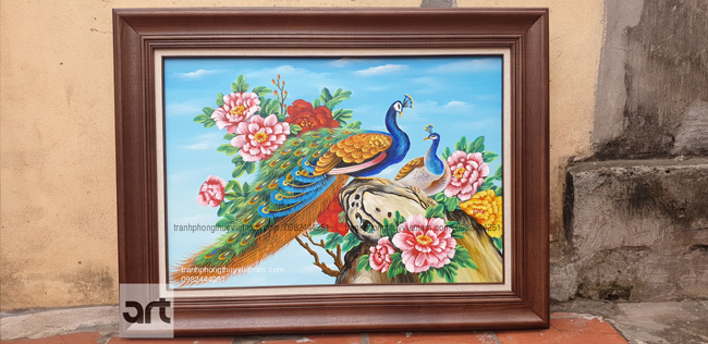 tranh sơn dầu phong thuỷ chim công và 9 bông hoa mẫu đơn