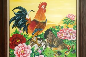 Tranh phong thủy đàn gà và hoa mẫu đơn