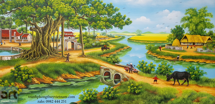 cảnh sinh hoạt của bà con nông dân trong tranh vẽ phong cảnh làng quê
