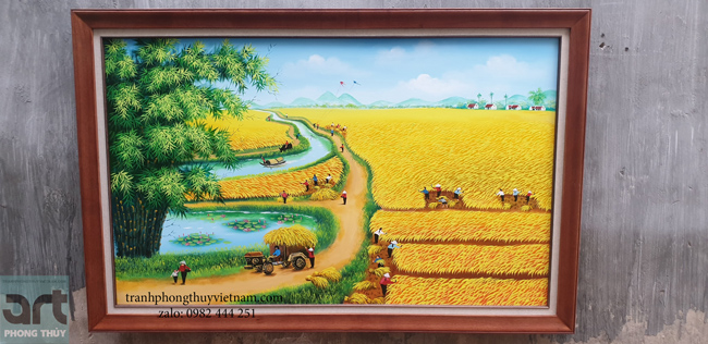 tranh sơn dầu làng quê vẽ cánh đồng lúa chín