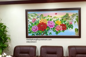 tranh phong thuỷ hoa mẫu đơn 9 bông treo phòng khách và nơi làm việc
