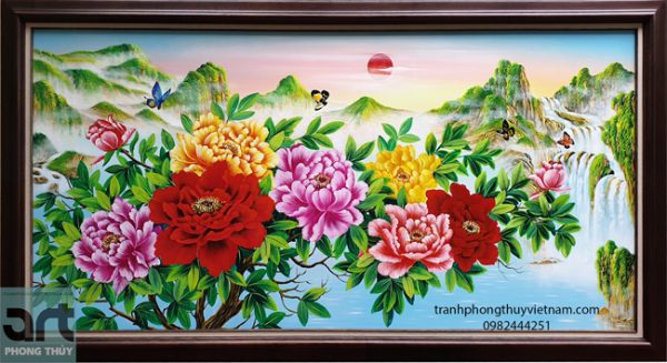 Tranh sơn dầu phong thuỷ hoa mẫu đơn 9 bông đẹp và ý nghĩa