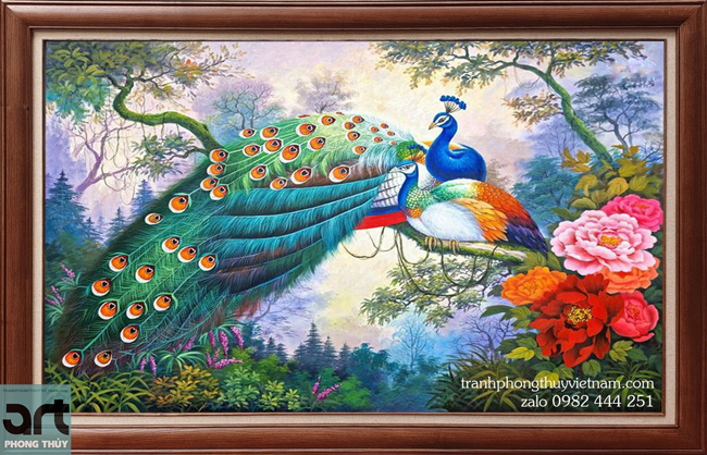 tranh sơn dầu phong thuỷ đôi chim công