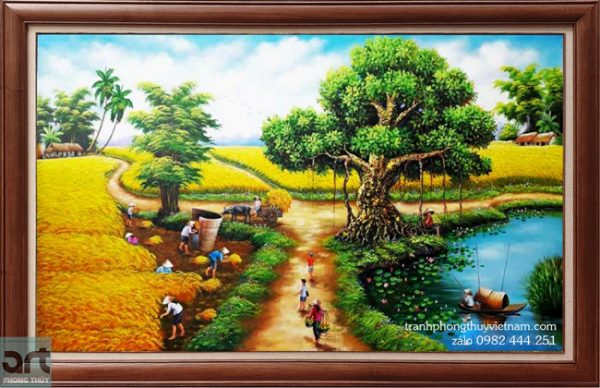Tranh sơn dầu phong cảnh làng quê mùa gặt
