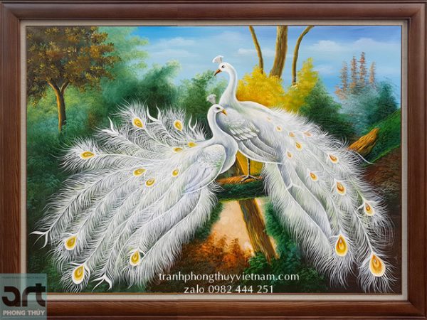 tranh sơn dầu phong thuỷ chim công trắng