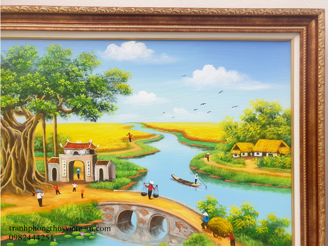 chi tiết vẽ trong tranh phong cảnh làng quê thanh bình