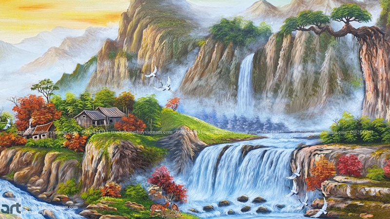 cảnh núi non trùng điệp và thác nước trong tranh sơn thuỷ