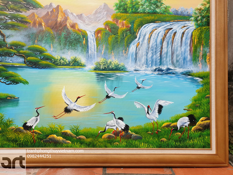 chi tiết đàn chim hạc trong tranh sơn thuỷ hữu tình