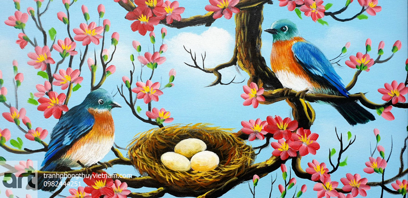 chi tiết vẽ đôi chim trong tranh sơn dầu hoa đào