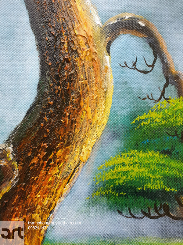 chi tiết về thân cây tùng trong tranh sơn thuỷ hữu tình