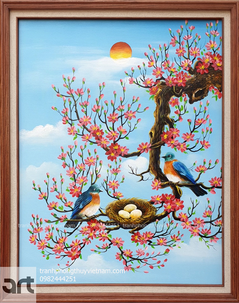 Tranh sơn dầu hoa đào và đôi chim