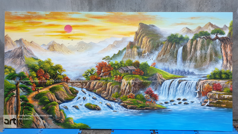 tranh sơn thuỷ núi mây trùng điệp thác nước