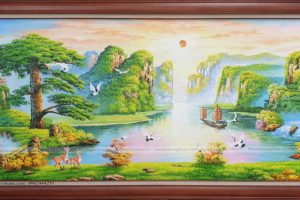 Tranh sơn thủy tài lộc núi non thác nước thuyền buồm