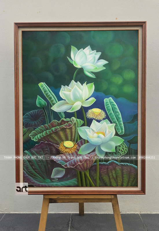 Tranh sơn dầu hoa sen trắng