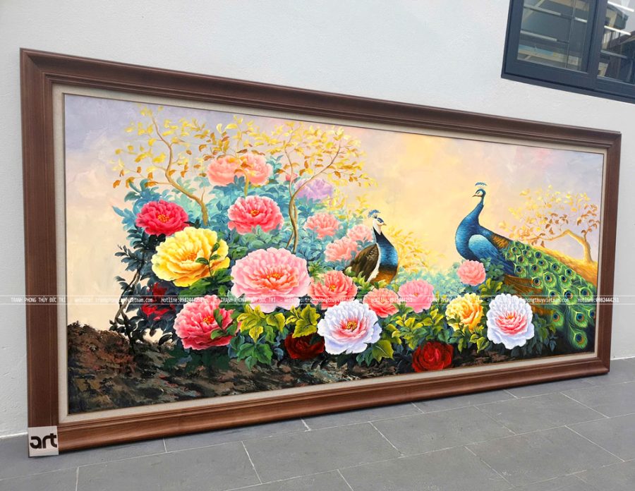 Tranh chim công hoa mẫu đơn đẹp ý nghĩa phong thủy