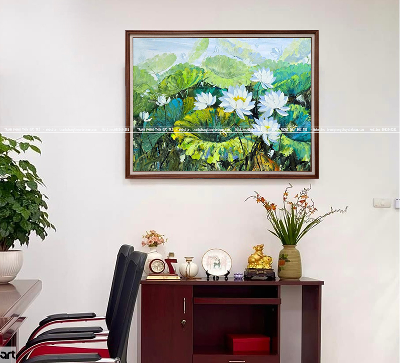 Tranh hoa sen trắng nghệ thuật treo phòng làm việc