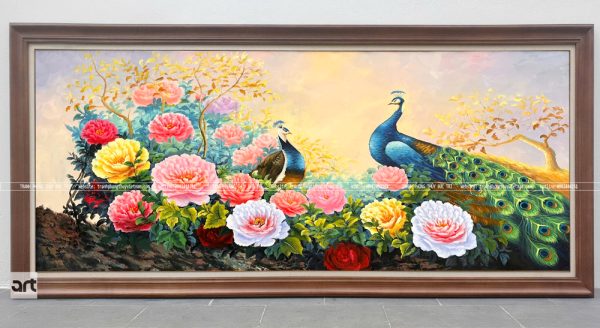 Tranh phong thủy chim công hoa mẫu đơn khung gỗ sang trọng